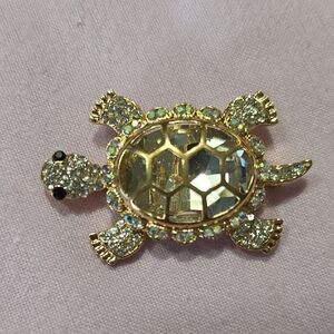 Gold Crystal Turtle Brooch - Sparkling Gold & Clear